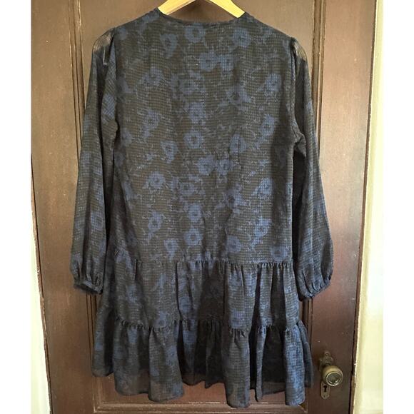 ZARA | Black and Blue Shadow Gingham Tiered Trapeze Dress | Size Extra Small - Picture 6 of 6